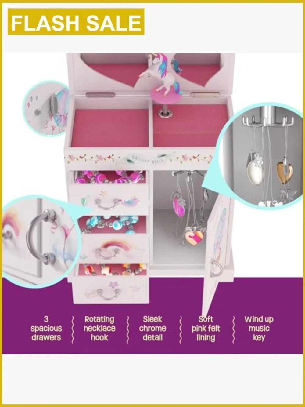 Unicorn Musical Jewelry Box for Kids - Girls Ages 3-8